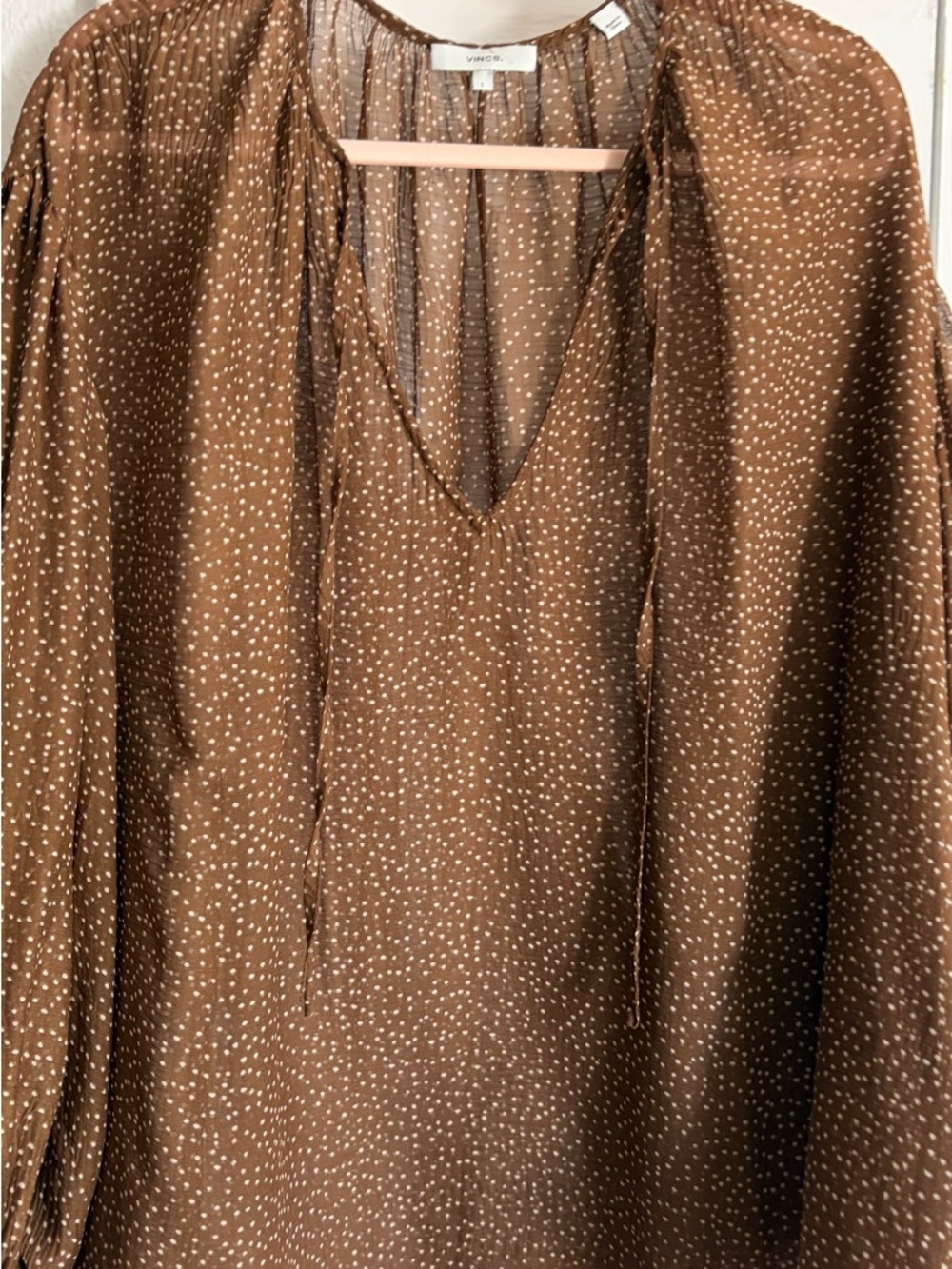 VINCE (missing slip) Starry Dot Apollo Dot Sheer Billowy Tie Neck Blouse - Picture 7 of 15